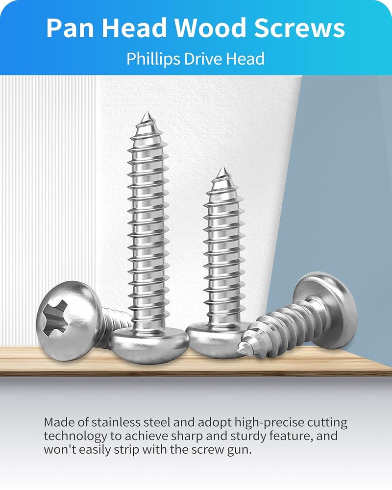 DIVANC 550Pcs 304 Stainless Steel Wood Screws Assortment Kit, Phillips Pan Head Sheet Metal Screw Self Tapping Screws Set, #4#6#8#10#12 Wood Assorted Screws, Length 1/4" to 1-1/2" (Pan Head 550PCS) - Image 3